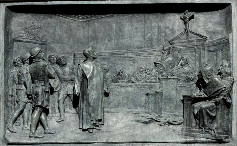  Giordano Bruno vor der Inquisitionskommision (historisierendes Relief von Ettore Ferrari); am 17. Februar 1600 wurde er auf dem Scheiterhaufen in Rom verbrannt, weil den Machthabern seine Weltanschauung nicht passte.